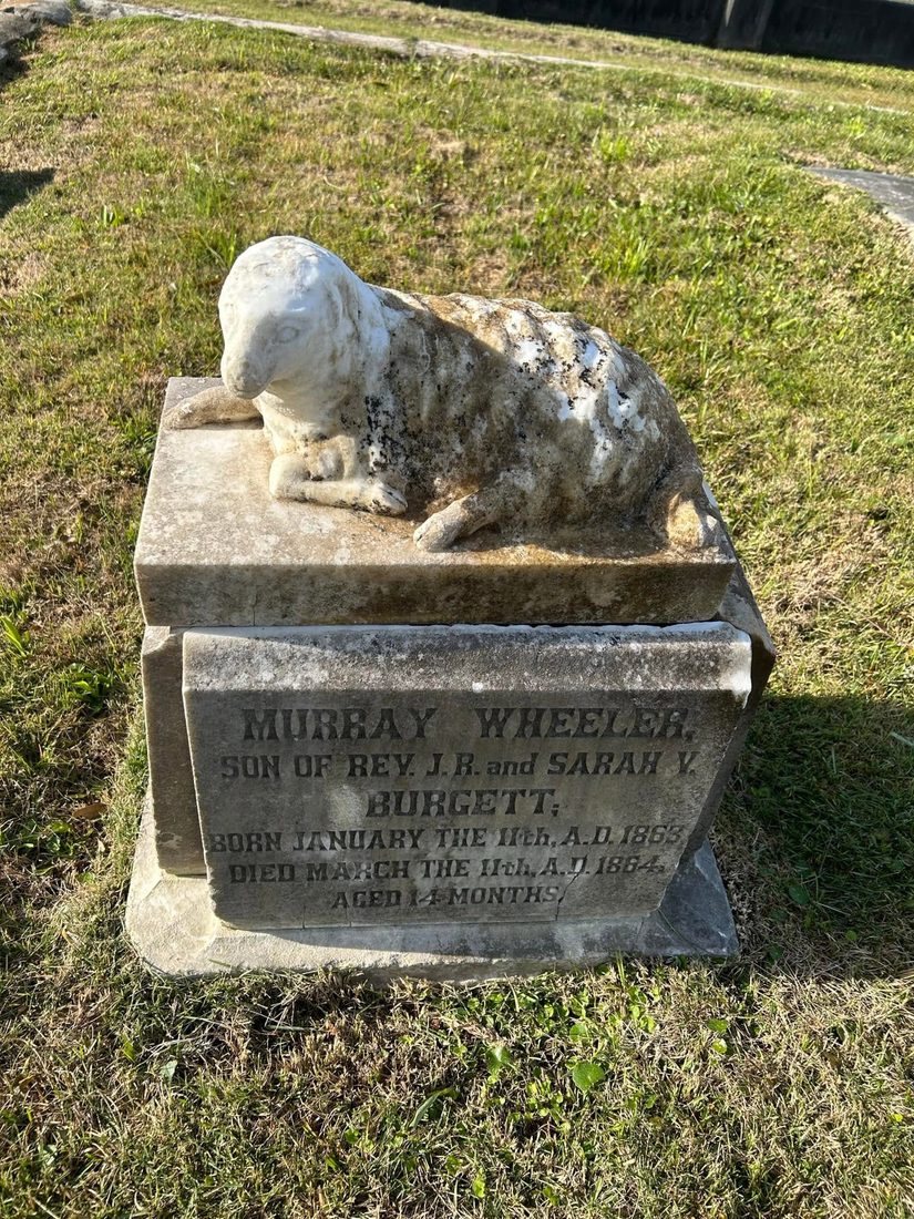 Carved marble lamb resting on the headstone of Murray Wheeler Burgett, who died in 1864 aged 14 months